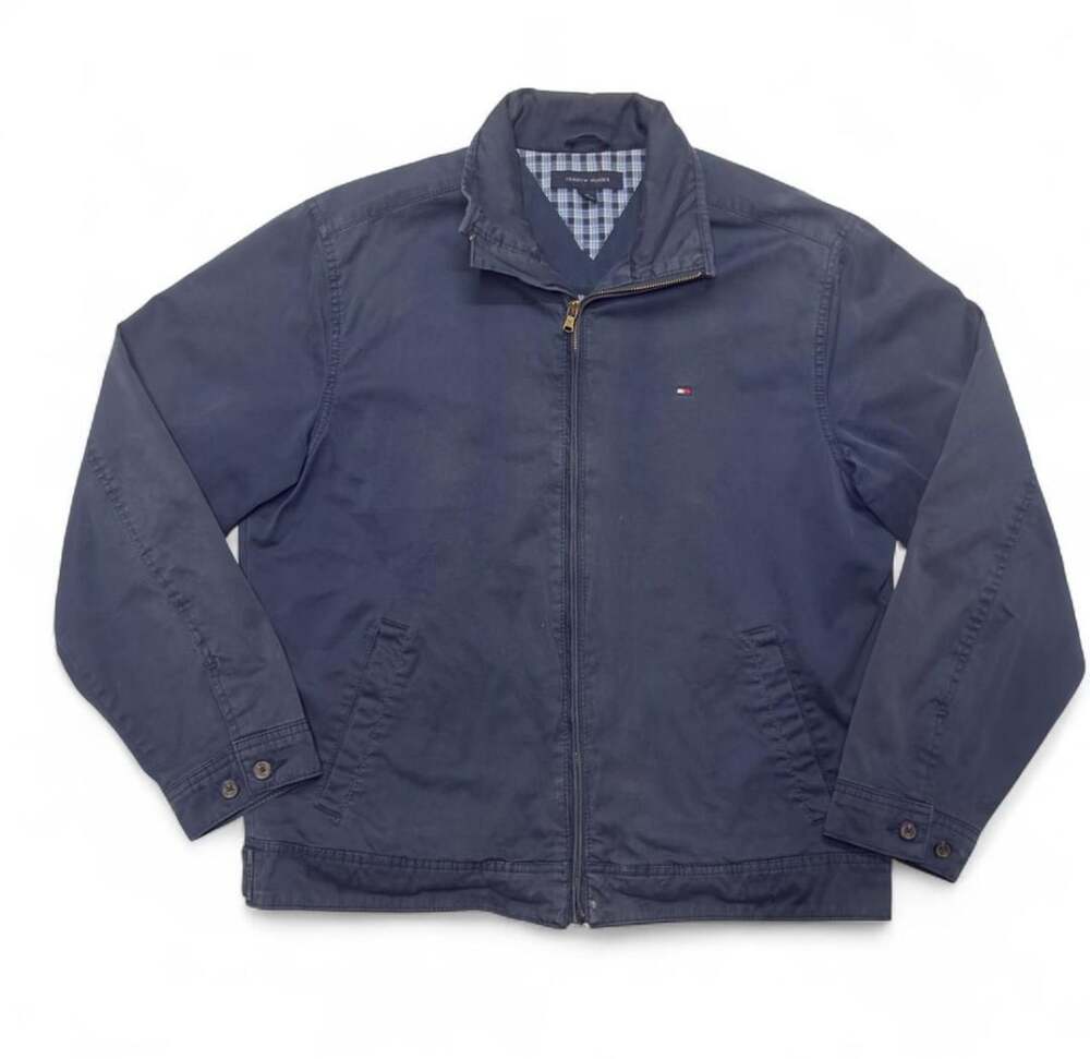Tommy Hilfiger Vintage Navy Blue Plaid Lined Harrington Zip Jacket M